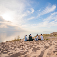 Visitors atop Sleeping Bear Dunes National Lakeshore near Traverse City, Michigan